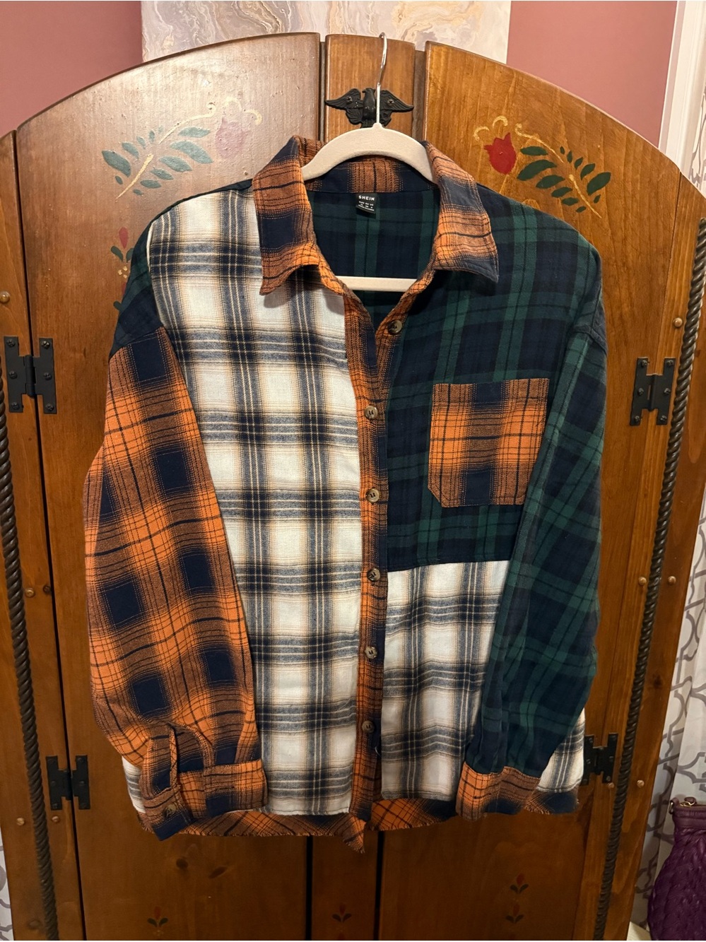Plaid Patchwork Flannel Shirt - Orange, Green, Navy fall colors MEDIUM